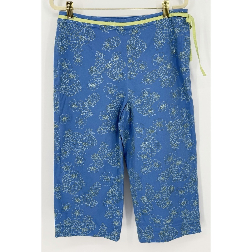 Talbots Blue Cotton Blend Pineapple Embroidered Cropped Capri Pants 12P Tropical
